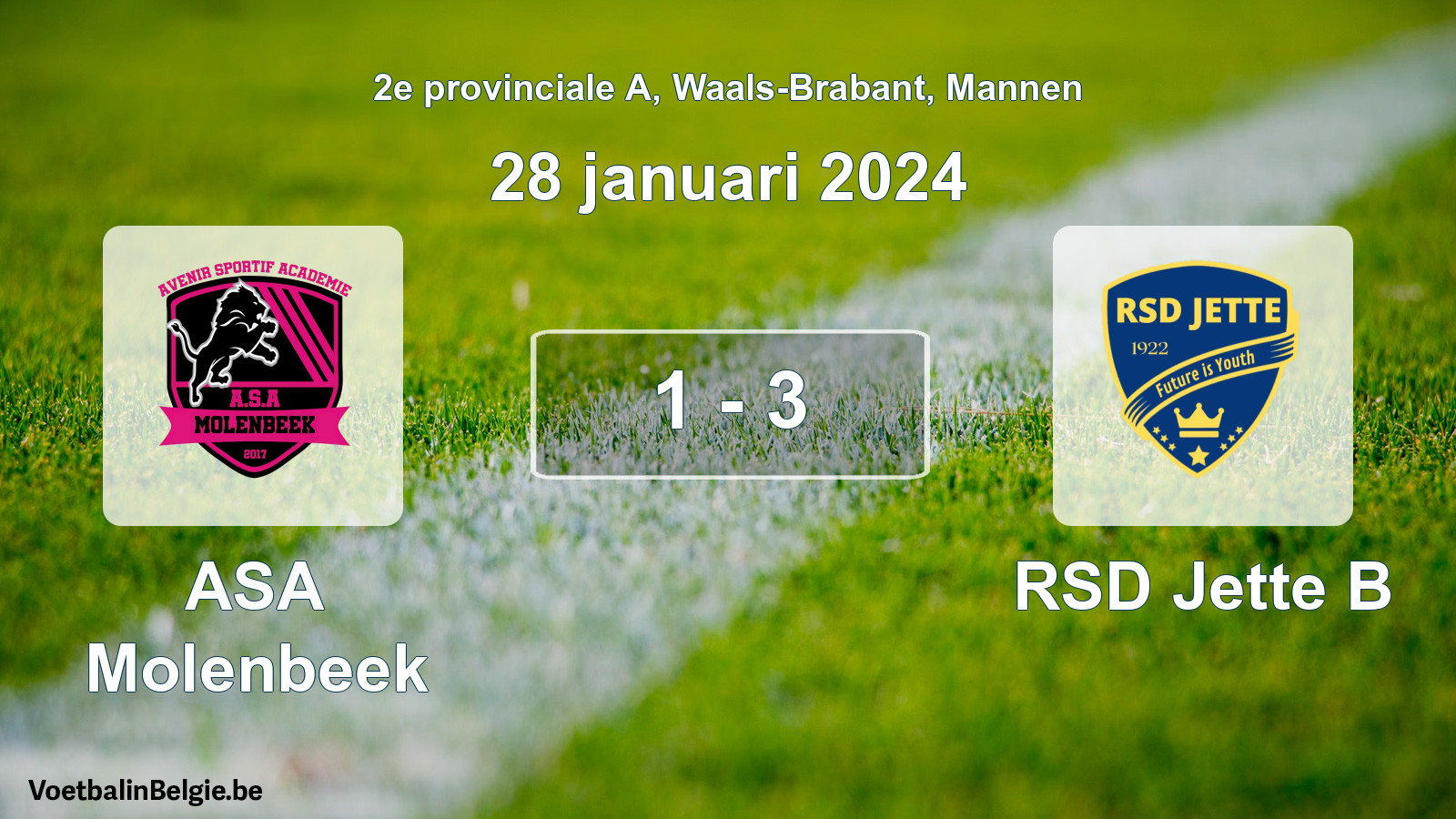 Gespeelde wedstrijd mannenvoetbal: ASA Molenbeek - RSD Jette B 1 - 3 (28 januari 2024)