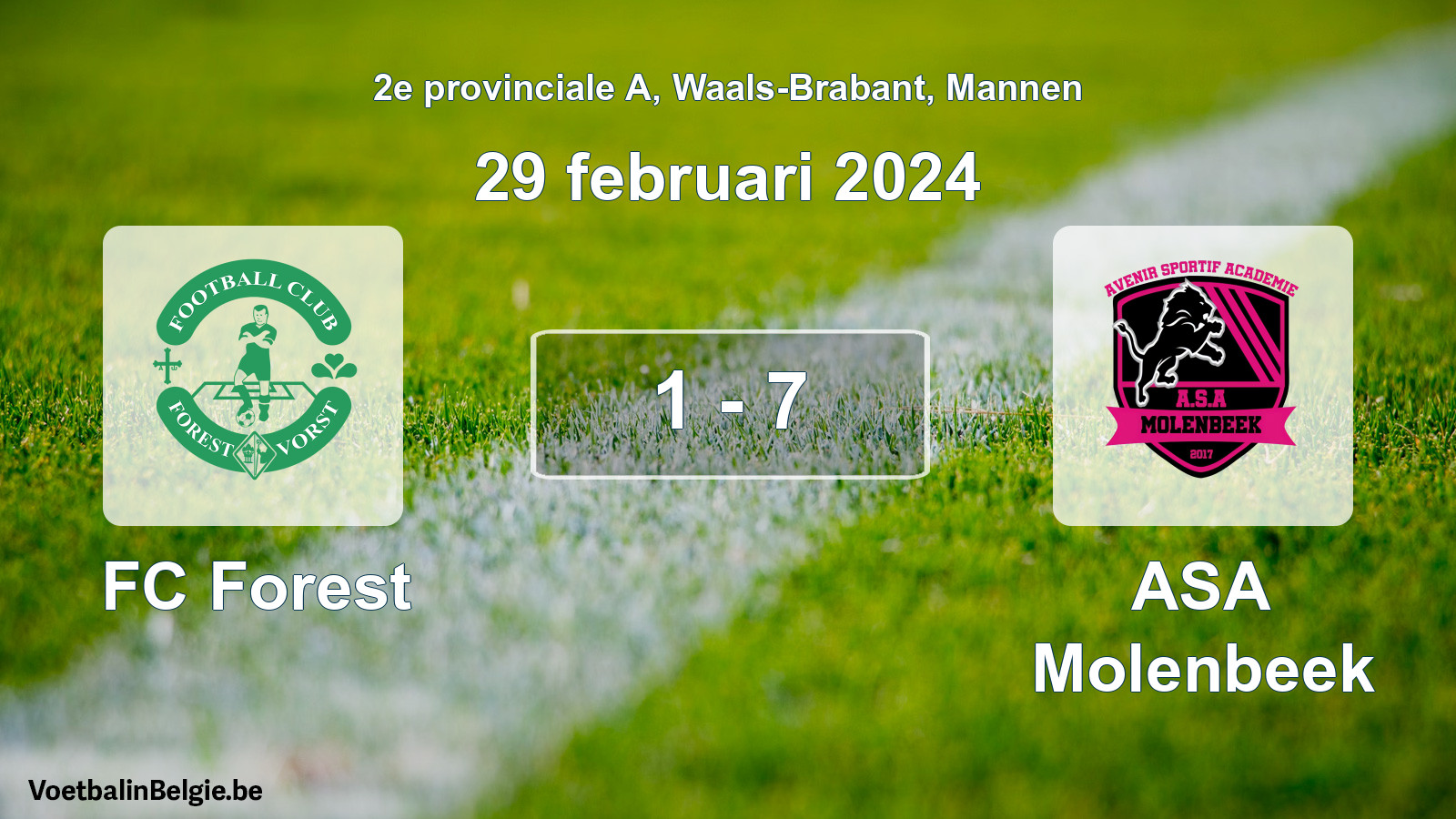 Gespeelde wedstrijd mannenvoetbal: FC Forest - ASA Molenbeek 1 - 7 (29 februari 2024)