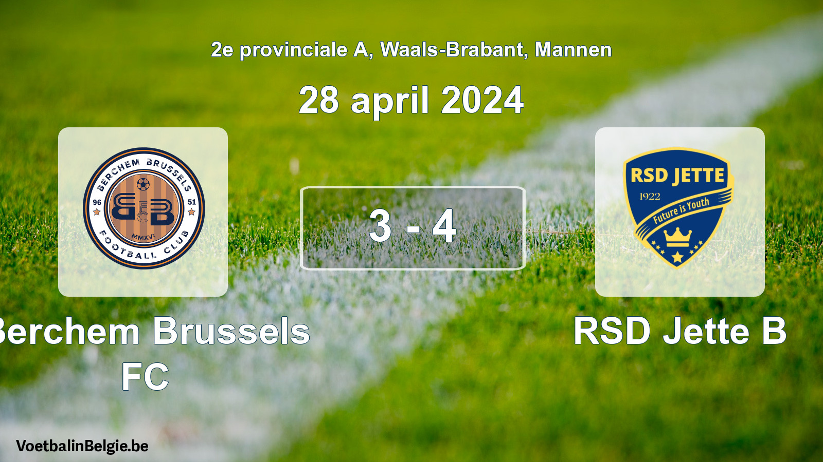 Gespeelde wedstrijd mannenvoetbal: Berchem Brussels FC - RSD Jette B 3 - 4 (28 april 2024)