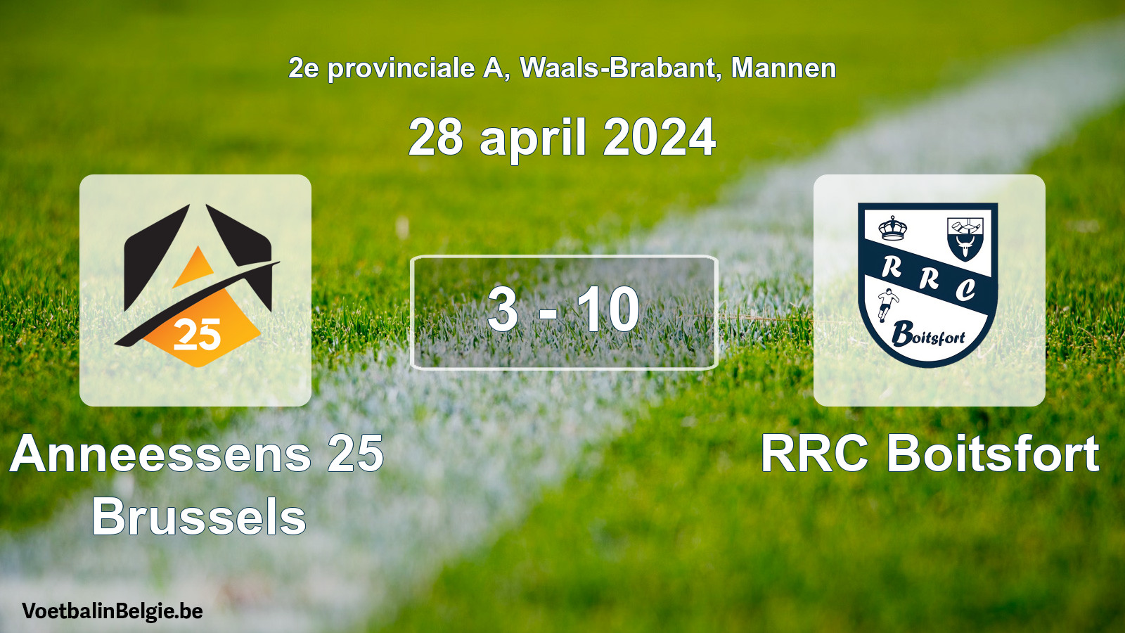 Gespeelde wedstrijd mannenvoetbal: Anneessens 25 Brussels - RRC Boitsfort 3 - 10 (28 april 2024)