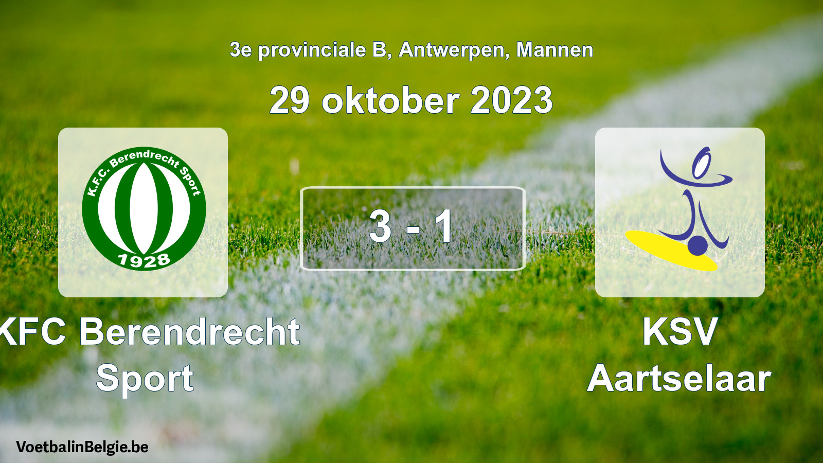 Gespeelde wedstrijd mannenvoetbal: KFC Berendrecht Sport - KSV Aartselaar 3 - 1 (29 oktober 2023)