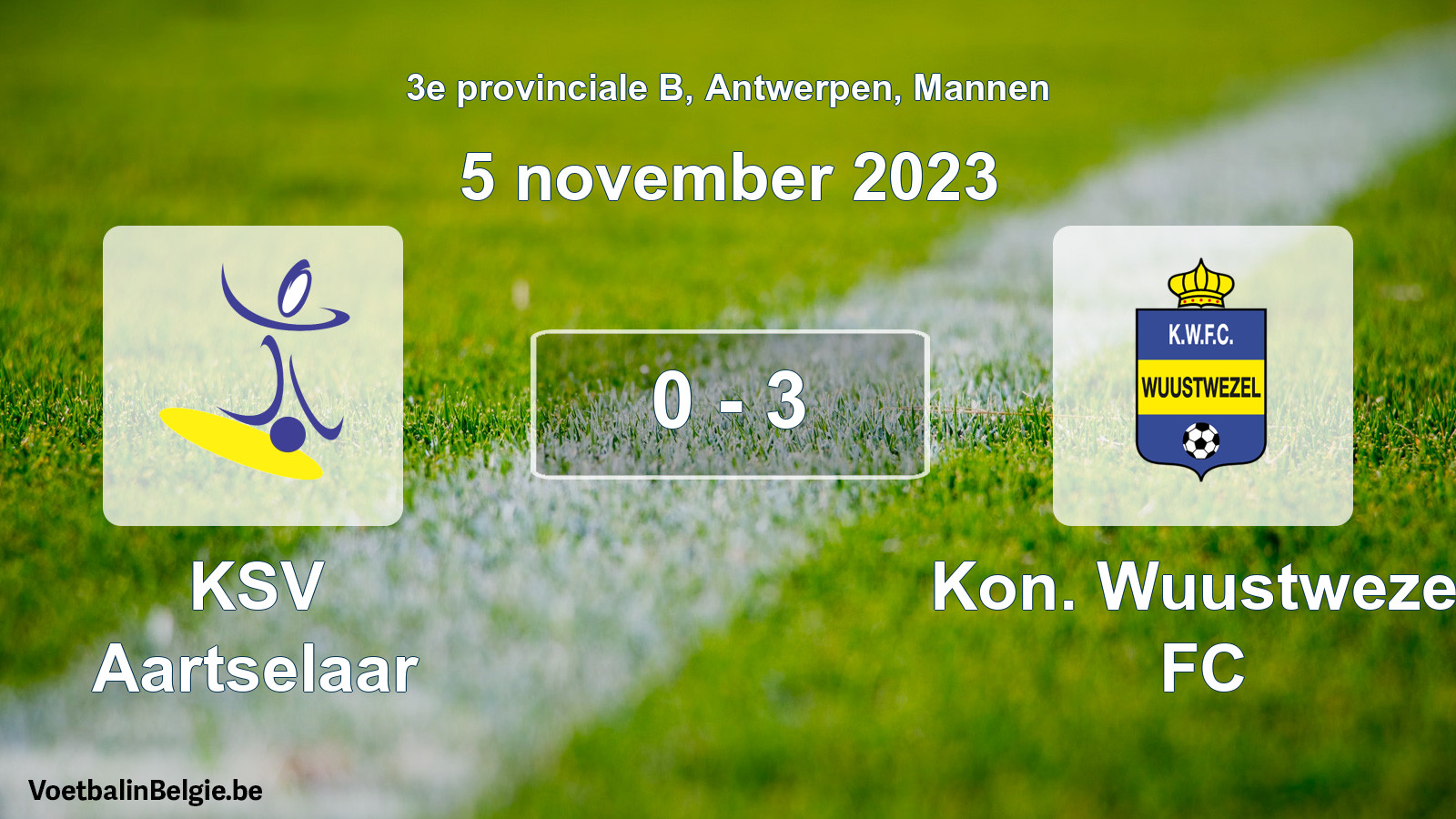 Gespeelde wedstrijd mannenvoetbal: KSV Aartselaar - Kon. Wuustwezel FC 0 - 3 (5 november 2023)
