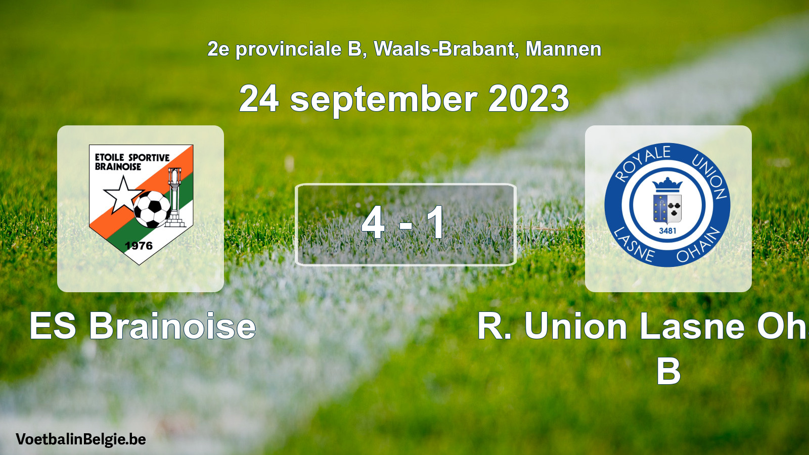 Gespeelde wedstrijd mannenvoetbal: ES Brainoise - R. Union Lasne Ohain B 4 - 1 (24 september 2023)
