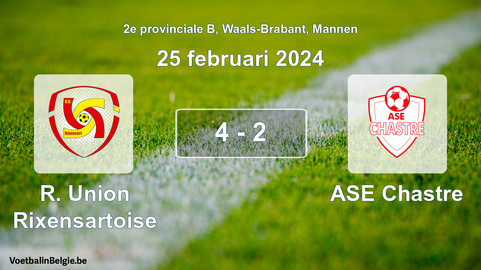 Gespeelde wedstrijd mannenvoetbal: R. Union Rixensartoise - ASE Chastre 4 - 2 (25 februari 2024)