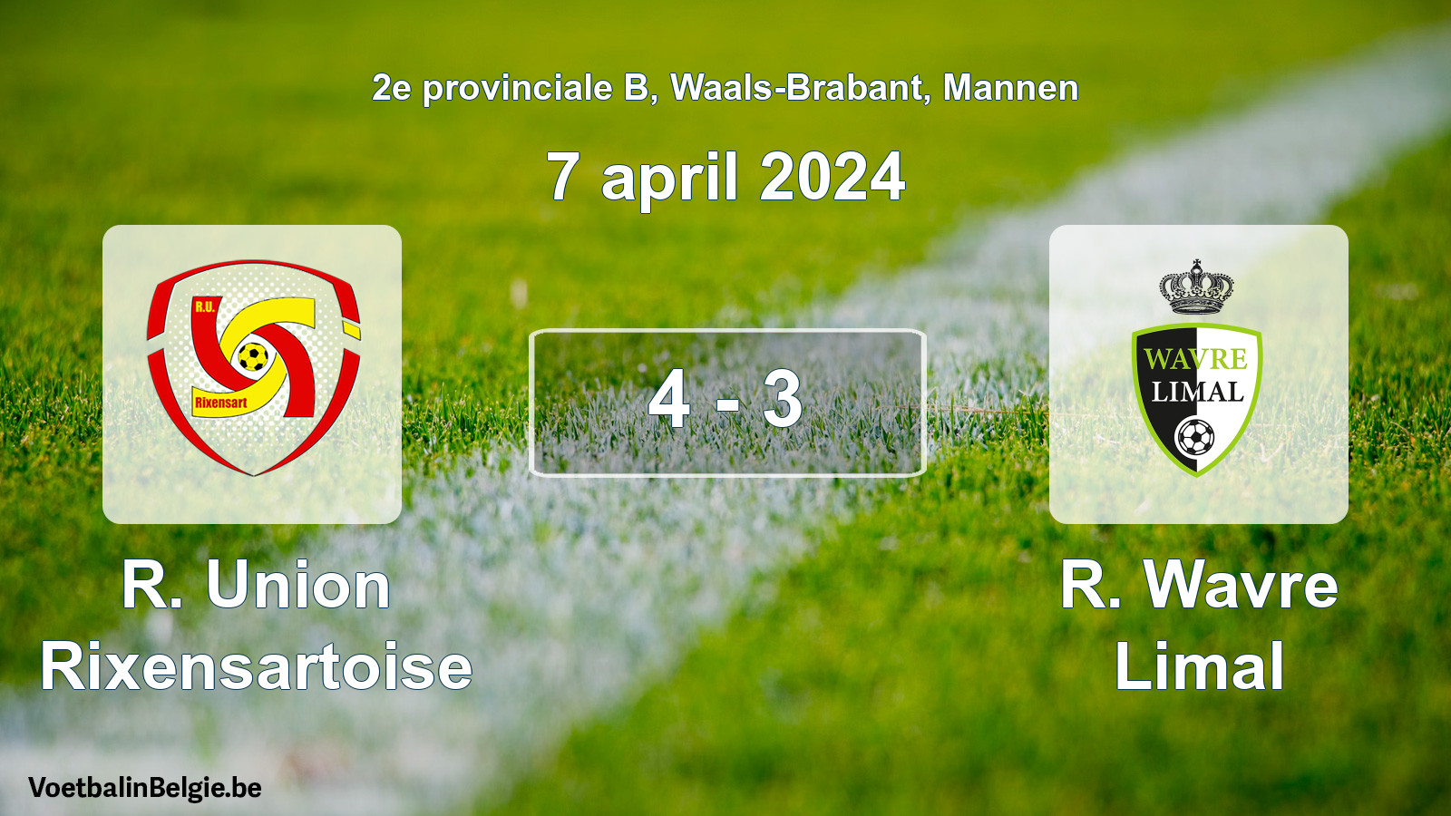 Gespeelde wedstrijd mannenvoetbal: R. Union Rixensartoise - R. Wavre Limal 4 - 3 (7 april 2024)