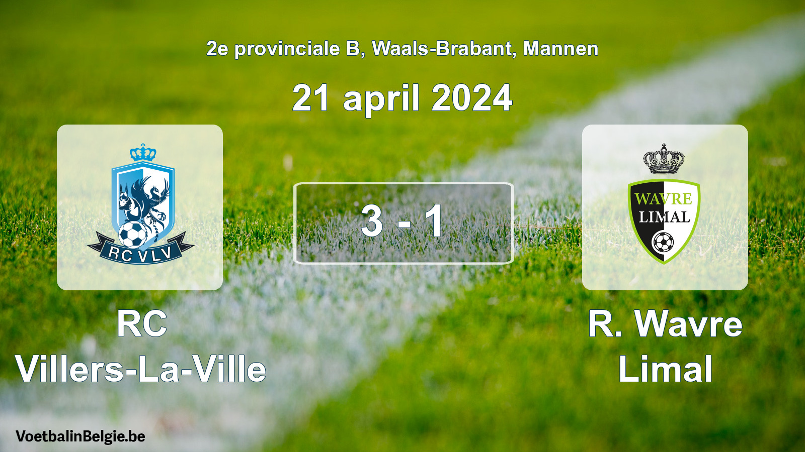 Gespeelde wedstrijd mannenvoetbal: RC Villers-La-Ville - R. Wavre Limal 3 - 1 (21 april 2024)