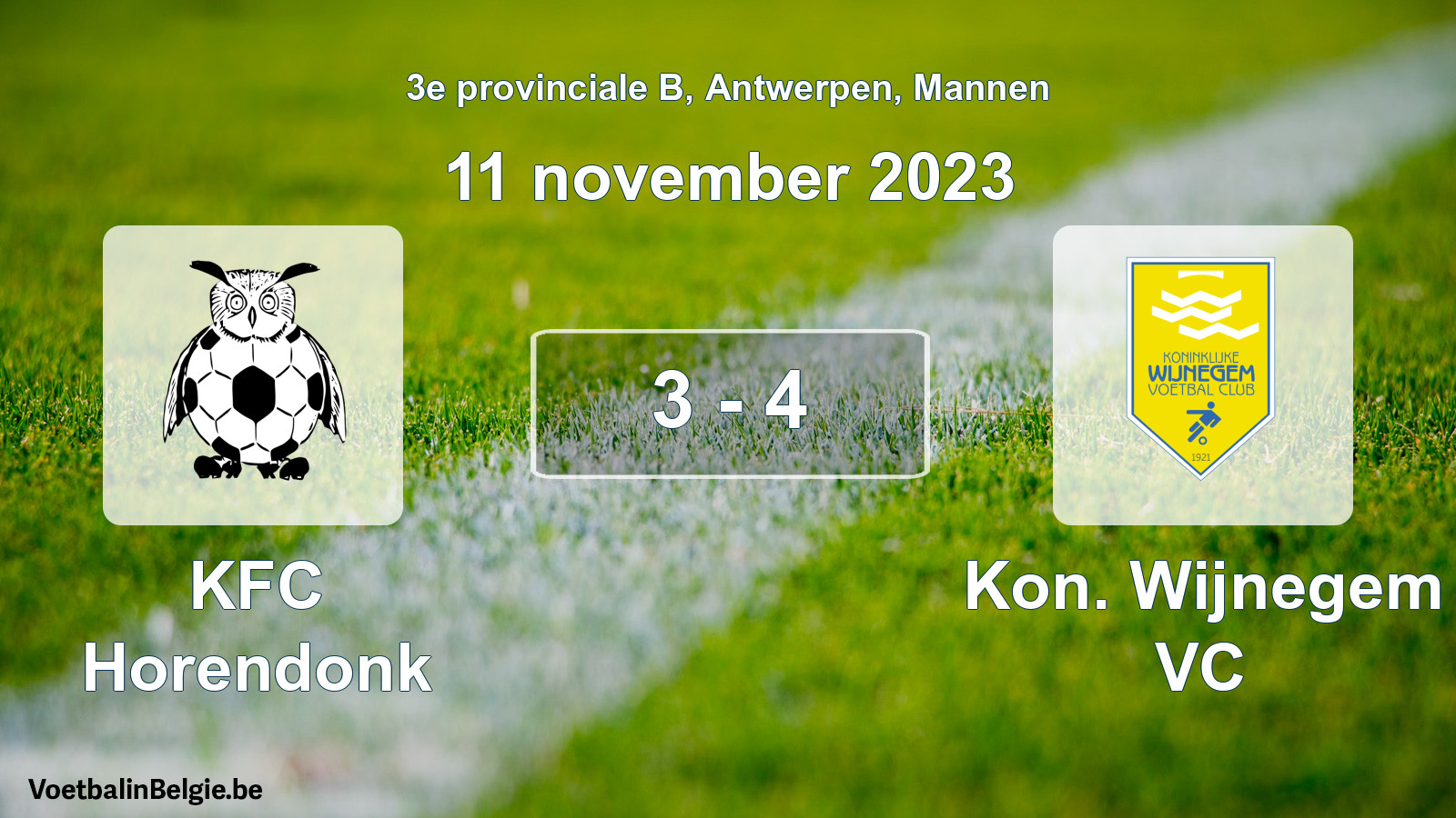 Gespeelde wedstrijd mannenvoetbal: KFC Horendonk - Kon. Wijnegem VC 3 - 4 (11 november 2023)