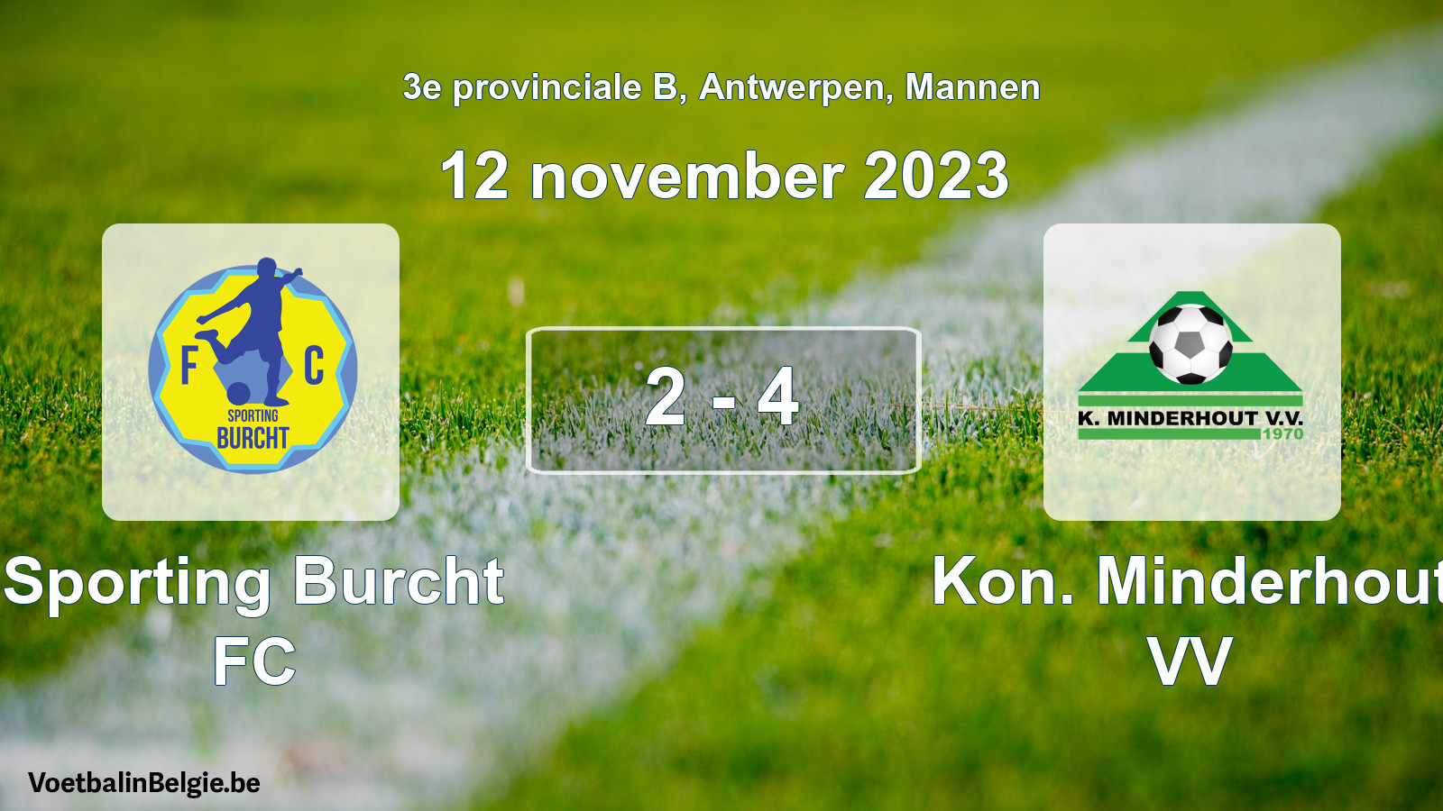 Gespeelde wedstrijd mannenvoetbal: Sporting Burcht FC - Kon. Minderhout VV 2 - 4 (12 november 2023)