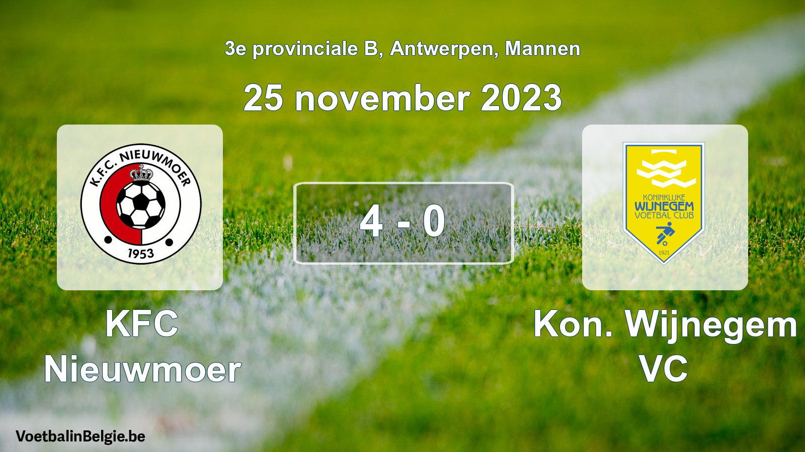 Gespeelde wedstrijd mannenvoetbal: KFC Nieuwmoer - Kon. Wijnegem VC 4 - 0 (25 november 2023)