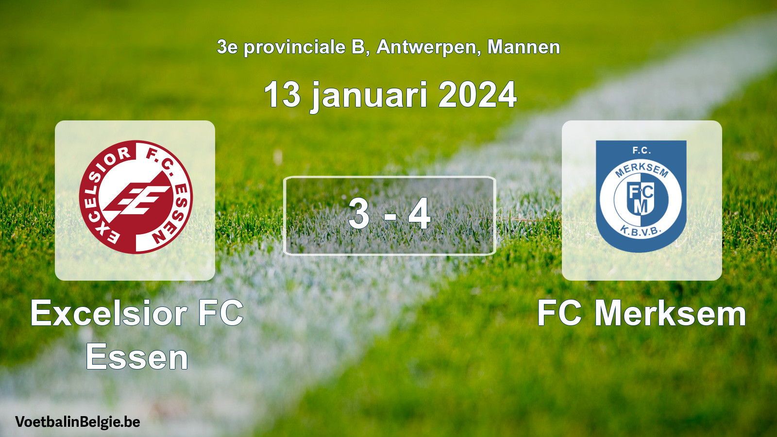 Gespeelde wedstrijd mannenvoetbal: Excelsior FC Essen - FC Merksem 3 - 4 (13 januari 2024)