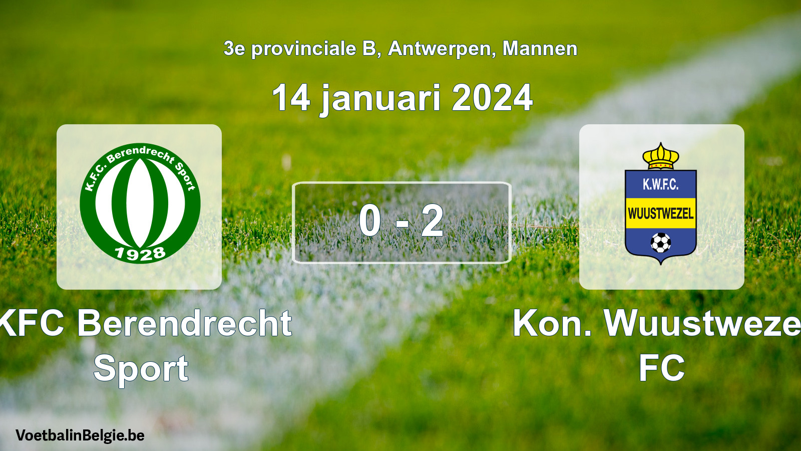 Gespeelde wedstrijd mannenvoetbal: KFC Berendrecht Sport - Kon. Wuustwezel FC 0 - 2 (14 januari 2024)