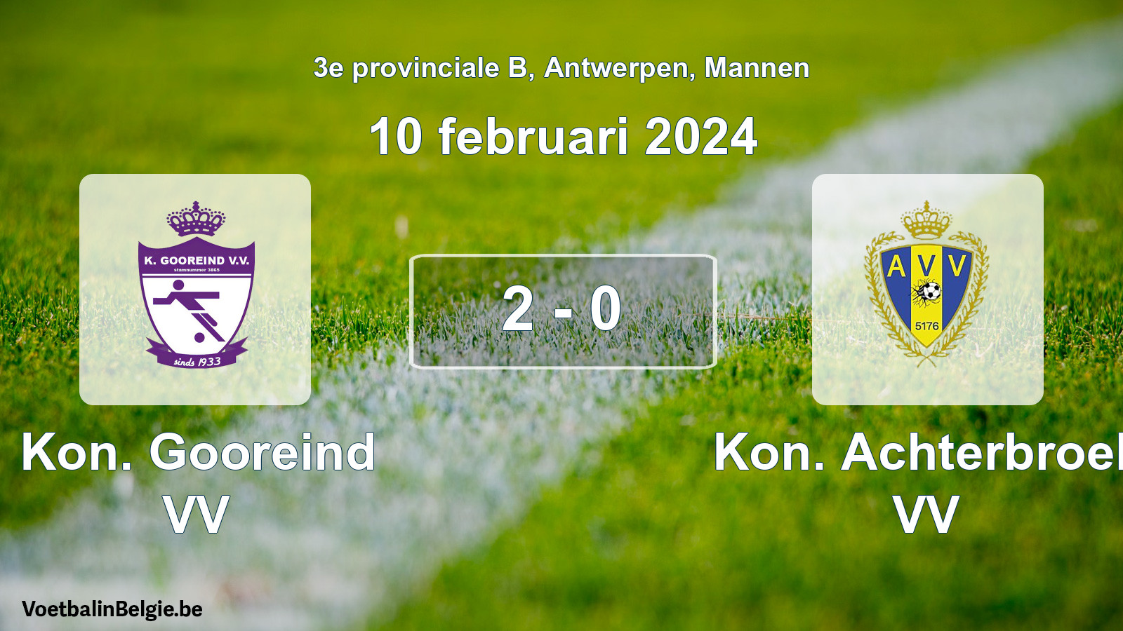 Gespeelde wedstrijd mannenvoetbal: Kon. Gooreind VV - Kon. Achterbroek VV 2 - 0 (10 februari 2024)