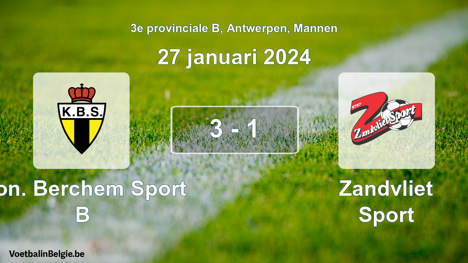 Gespeelde wedstrijd mannenvoetbal: Kon. Berchem Sport B - Zandvliet Sport 3 - 1 (27 januari 2024)