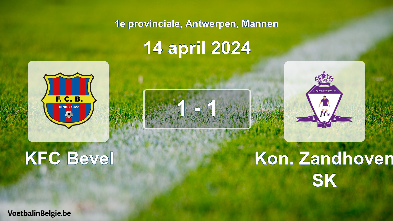 Gespeelde wedstrijd mannenvoetbal: KFC Bevel - Kon. Zandhoven SK 1 - 1 (14 april 2024)