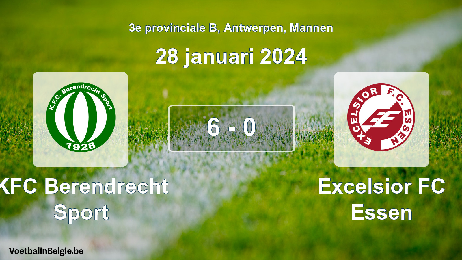 Gespeelde wedstrijd mannenvoetbal: KFC Berendrecht Sport - Excelsior FC Essen 6 - 0 (28 januari 2024)
