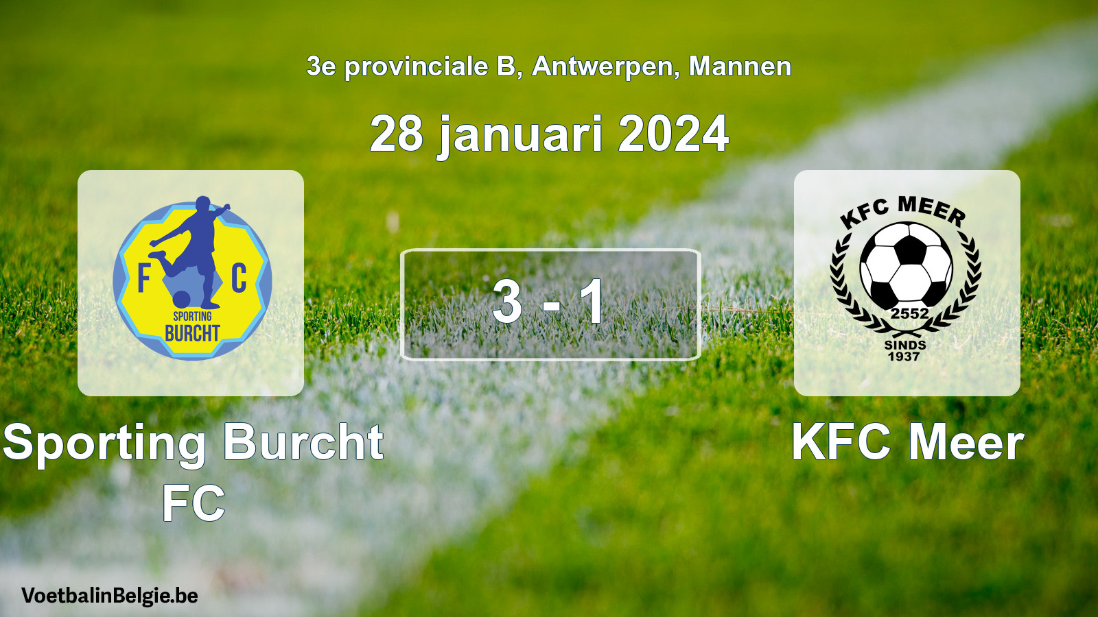 Gespeelde wedstrijd mannenvoetbal: Sporting Burcht FC - KFC Meer 3 - 1 (28 januari 2024)