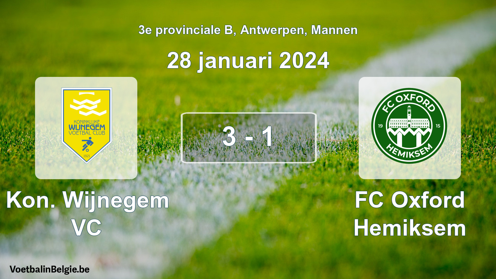 Gespeelde wedstrijd mannenvoetbal: Kon. Wijnegem VC - FC Oxford Hemiksem 3 - 1 (28 januari 2024)