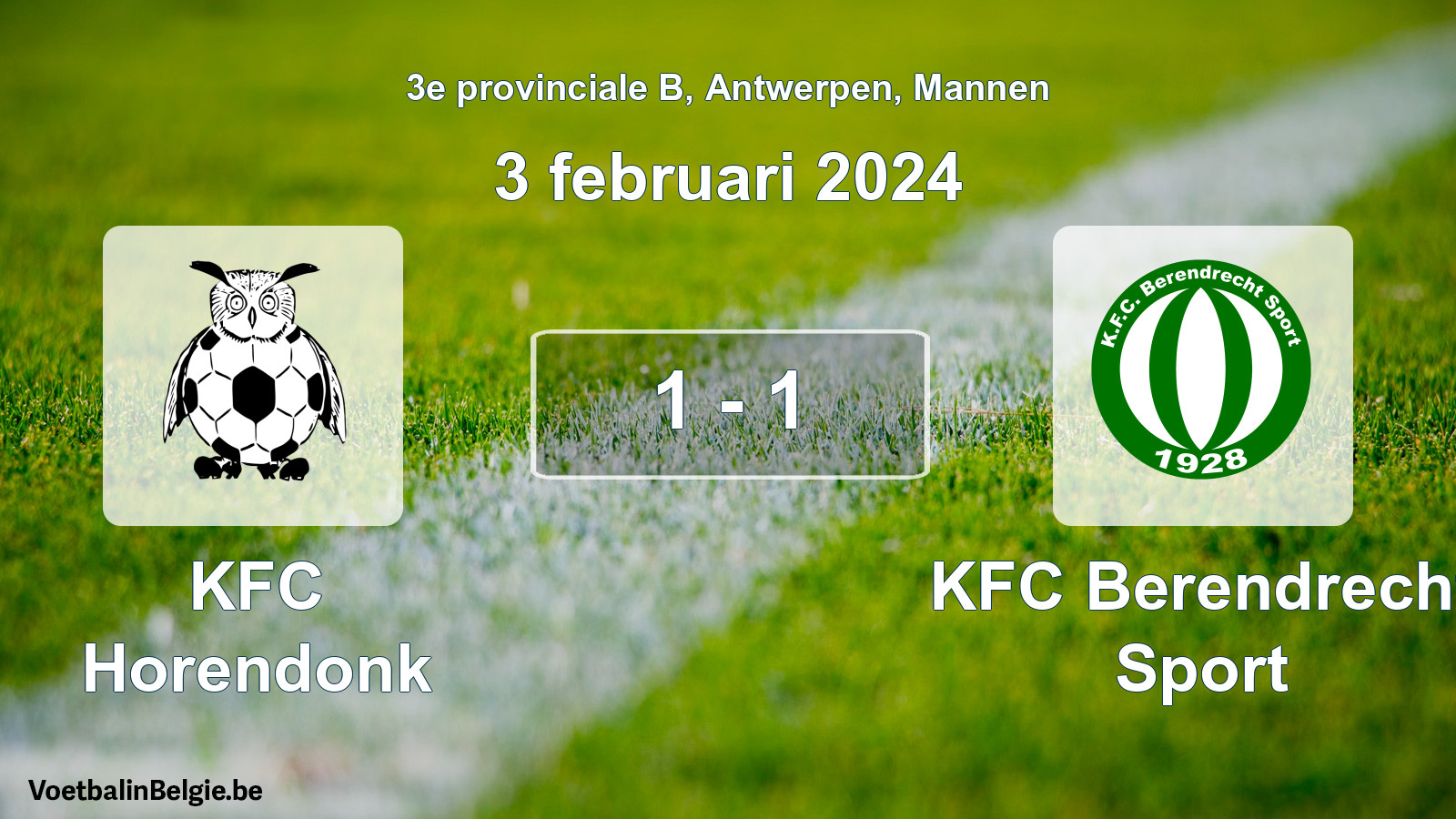 Gespeelde wedstrijd mannenvoetbal: KFC Horendonk - KFC Berendrecht Sport 1 - 1 (3 februari 2024)