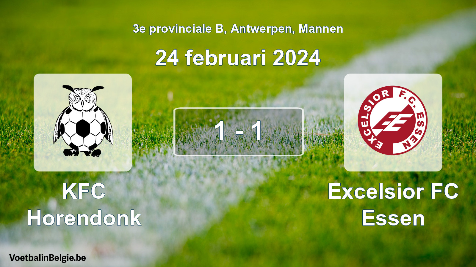 Gespeelde wedstrijd mannenvoetbal: KFC Horendonk - Excelsior FC Essen 1 - 1 (24 februari 2024)
