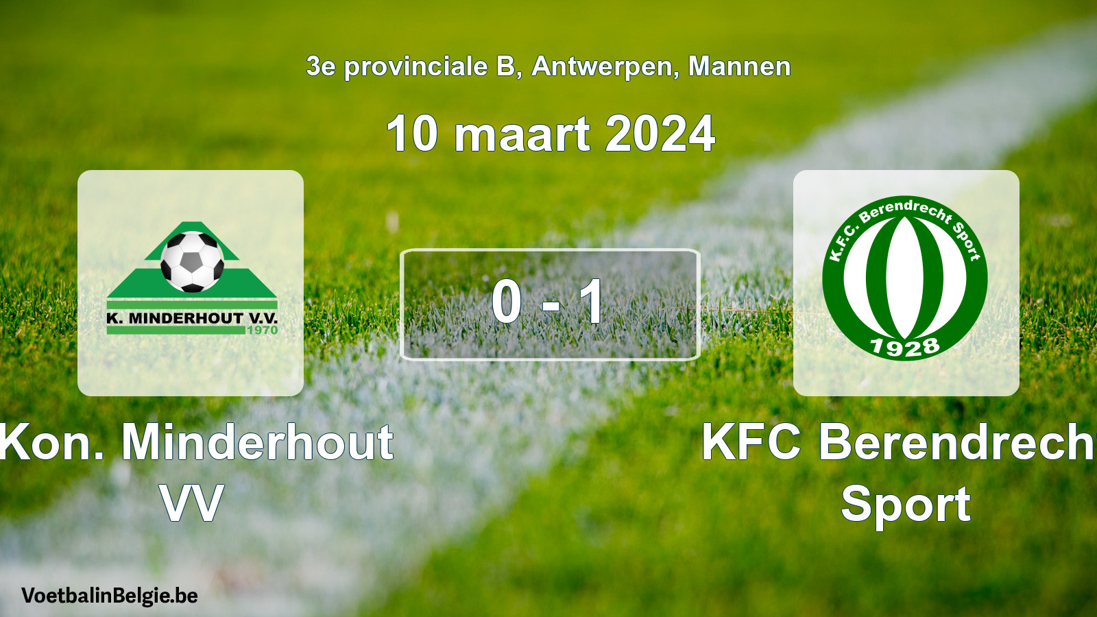 Gespeelde wedstrijd mannenvoetbal: Kon. Minderhout VV - KFC Berendrecht Sport 0 - 1 (10 maart 2024)