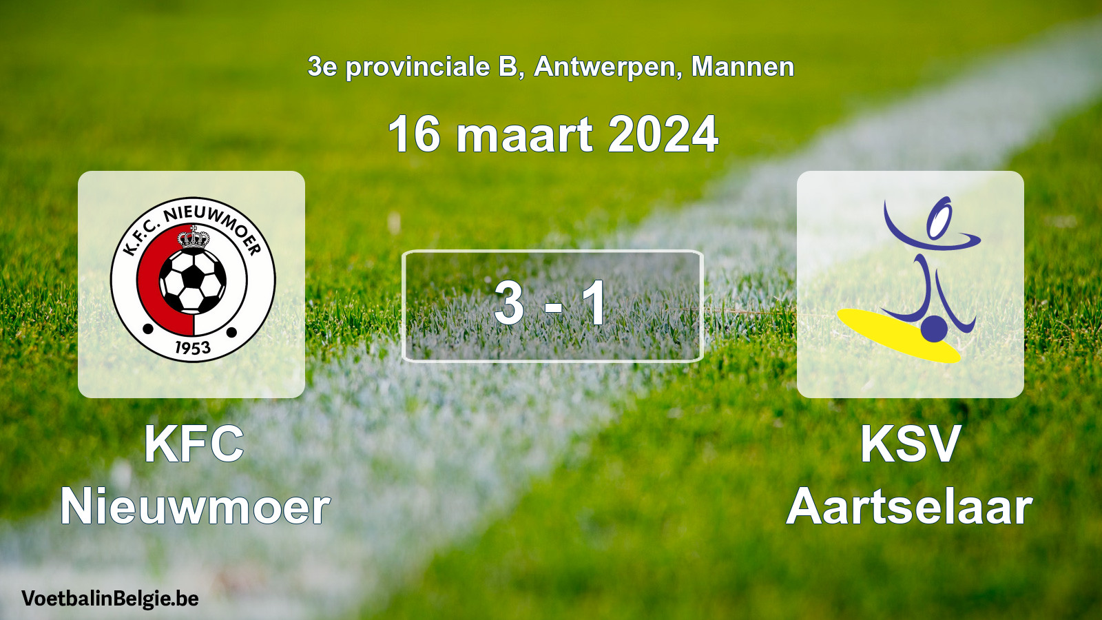 Gespeelde wedstrijd mannenvoetbal: KFC Nieuwmoer - KSV Aartselaar 3 - 1 (16 maart 2024)