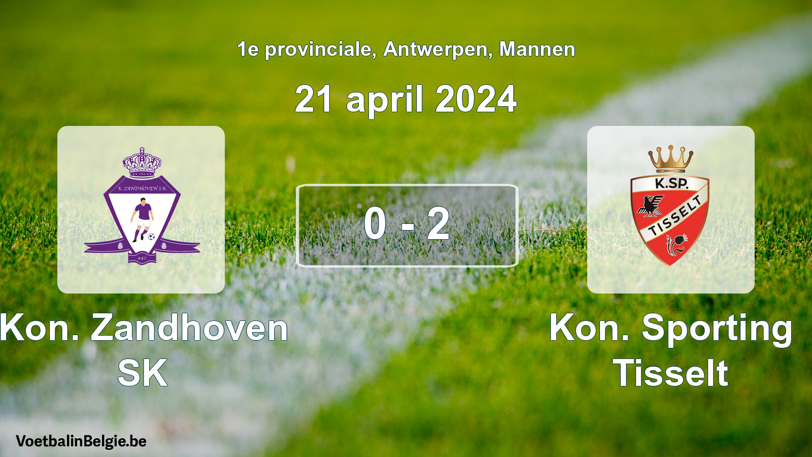 Gespeelde wedstrijd mannenvoetbal: Kon. Zandhoven SK - Kon. Sporting Tisselt 0 - 2 (21 april 2024)