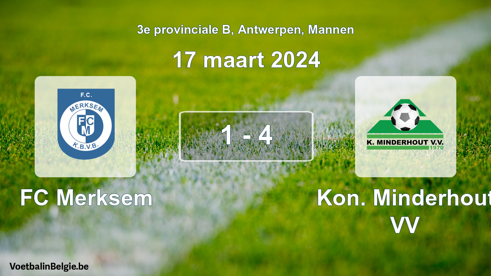 Gespeelde wedstrijd mannenvoetbal: FC Merksem - Kon. Minderhout VV 1 - 4 (17 maart 2024)