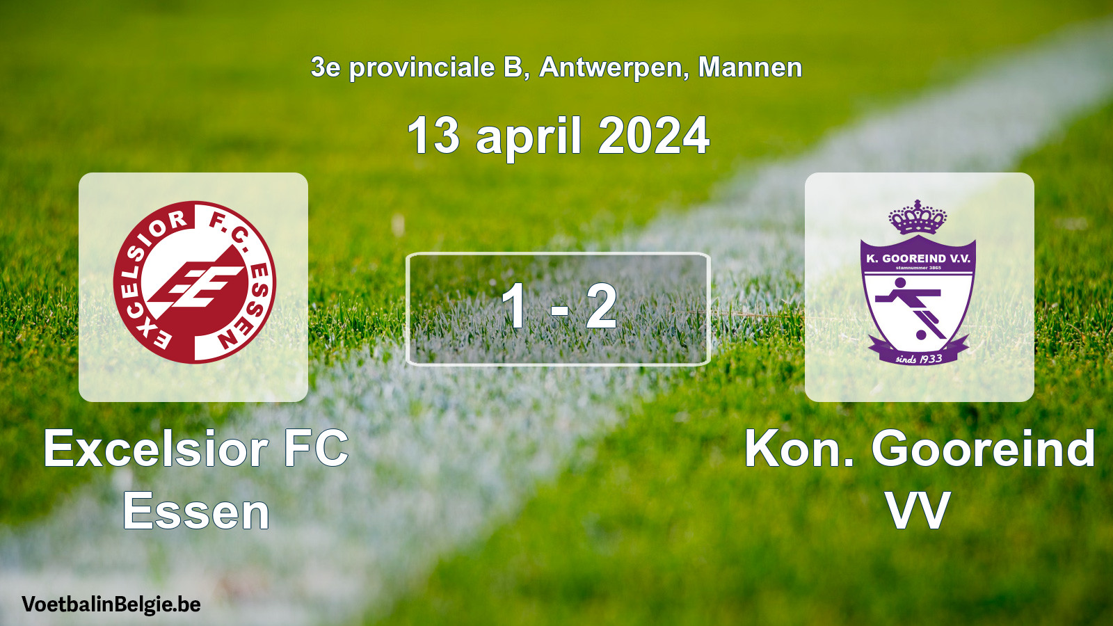 Gespeelde wedstrijd mannenvoetbal: Excelsior FC Essen - Kon. Gooreind VV 1 - 2 (13 april 2024)