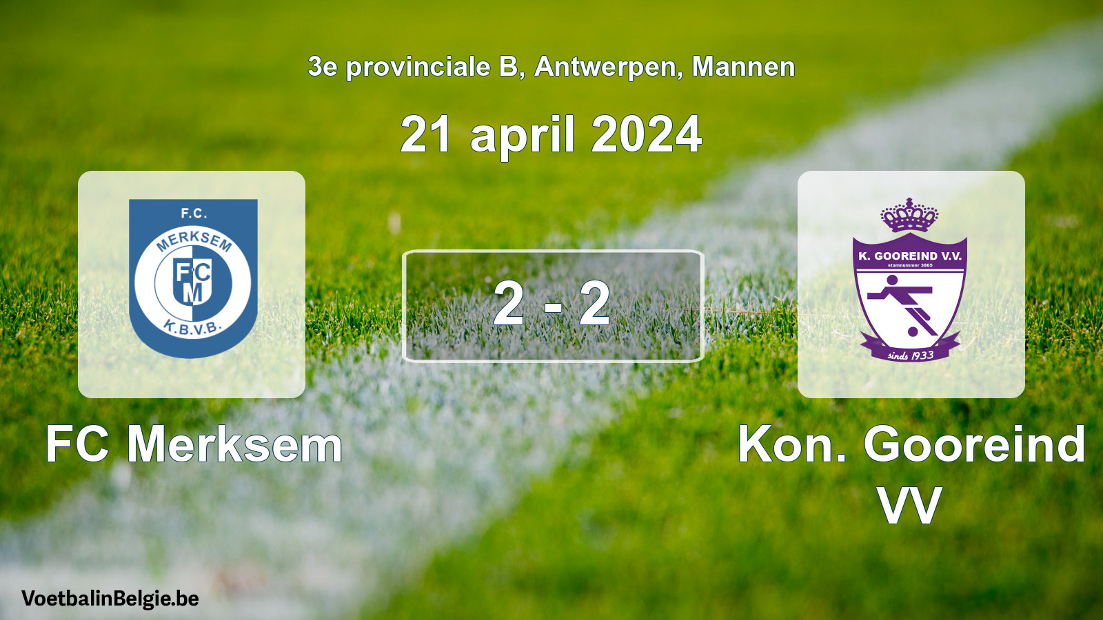 Gespeelde wedstrijd mannenvoetbal: FC Merksem - Kon. Gooreind VV 2 - 2 (21 april 2024)