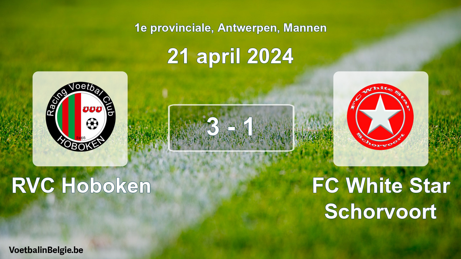 Gespeelde wedstrijd mannenvoetbal: RVC Hoboken - FC White Star Schorvoort 3 - 1 (21 april 2024)