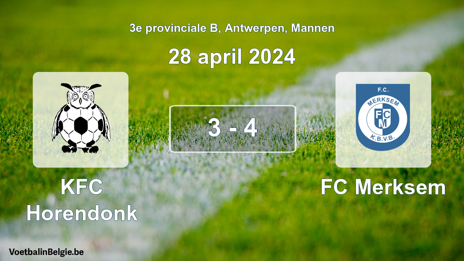 Gespeelde wedstrijd mannenvoetbal: KFC Horendonk - FC Merksem 3 - 4 (28 april 2024)