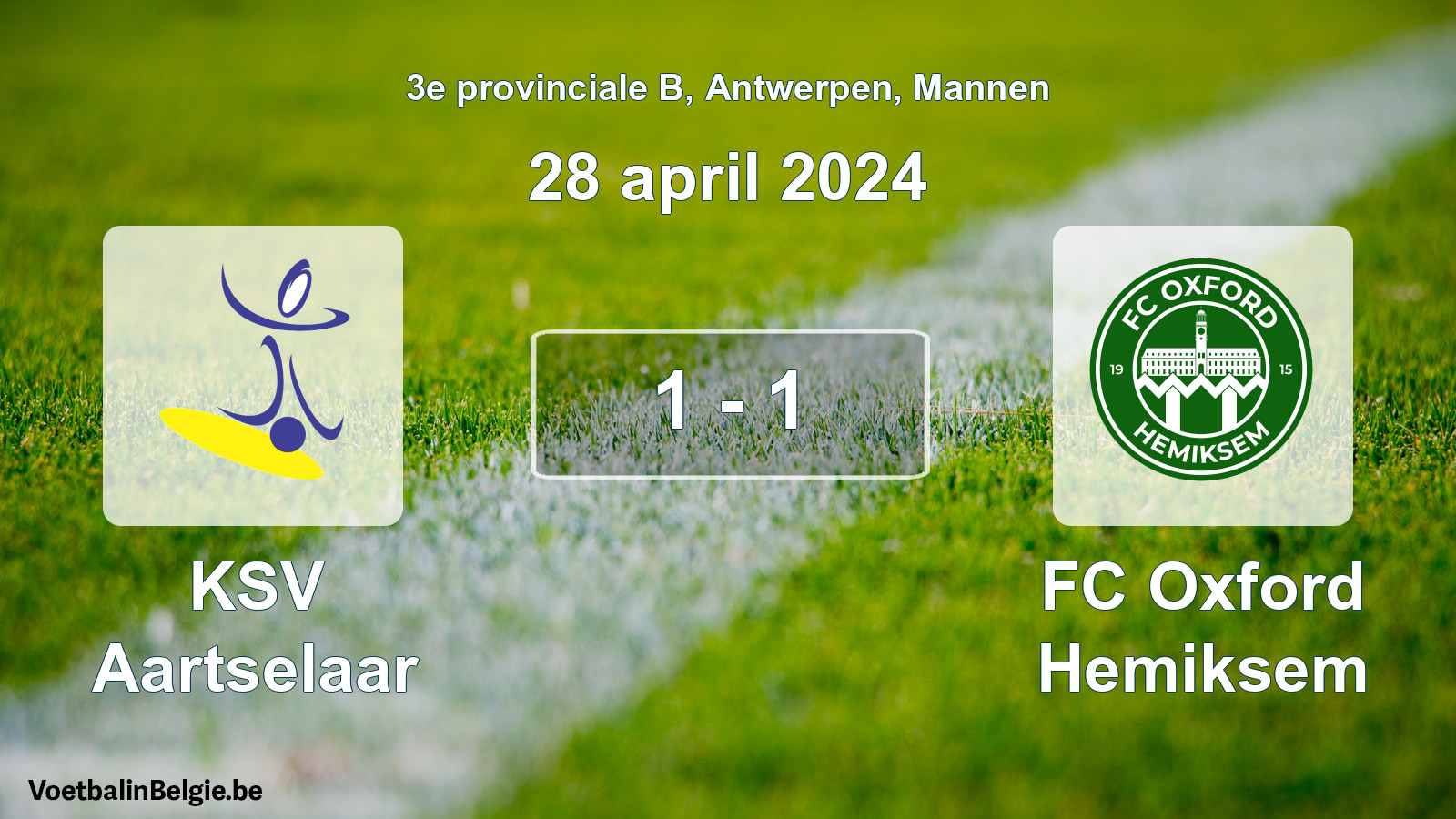 Gespeelde wedstrijd mannenvoetbal: KSV Aartselaar - FC Oxford Hemiksem 1 - 1 (28 april 2024)