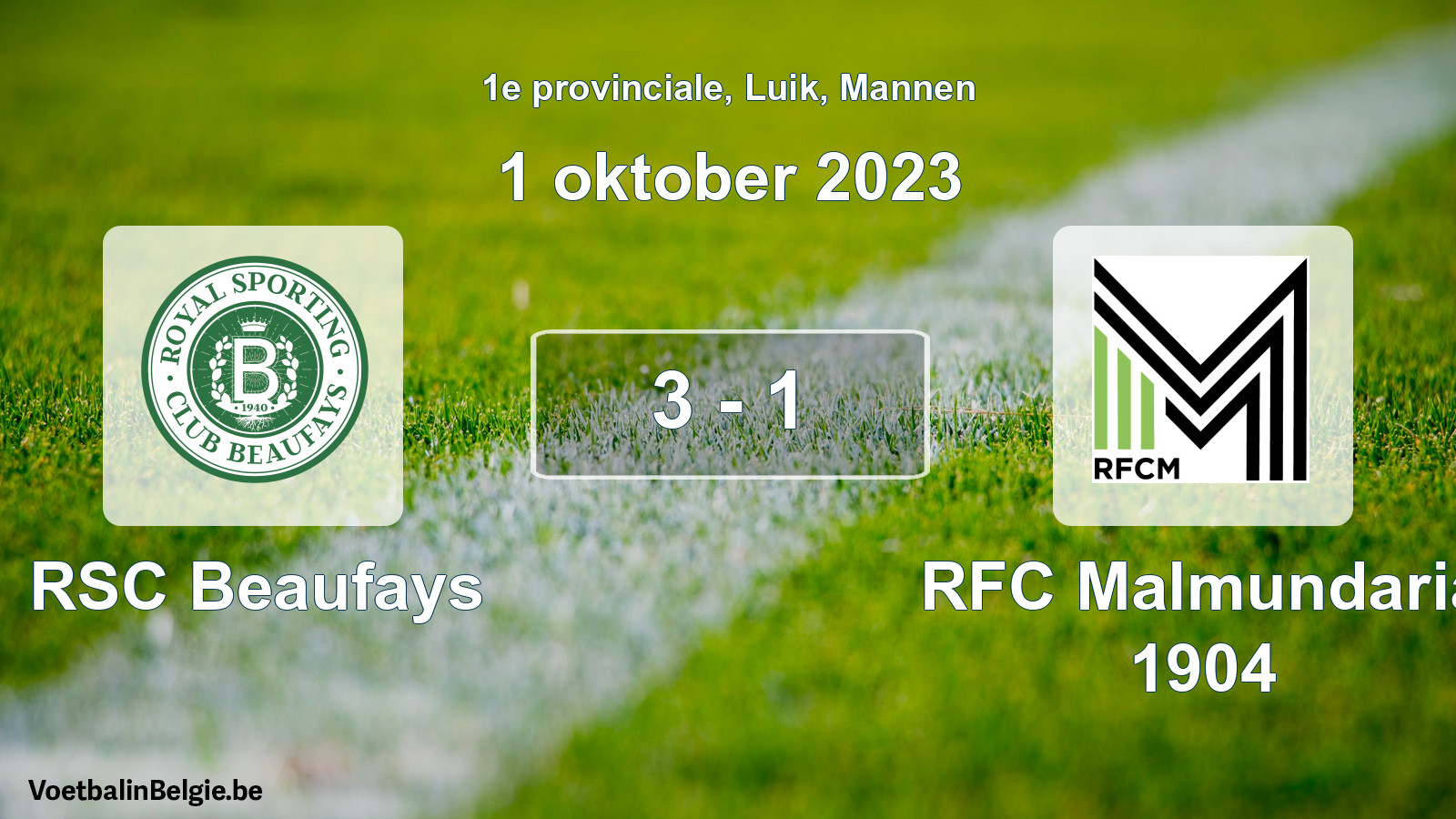 Gespeelde wedstrijd mannenvoetbal: RSC Beaufays - RFC Malmundaria 1904 3 - 1 (1 oktober 2023)