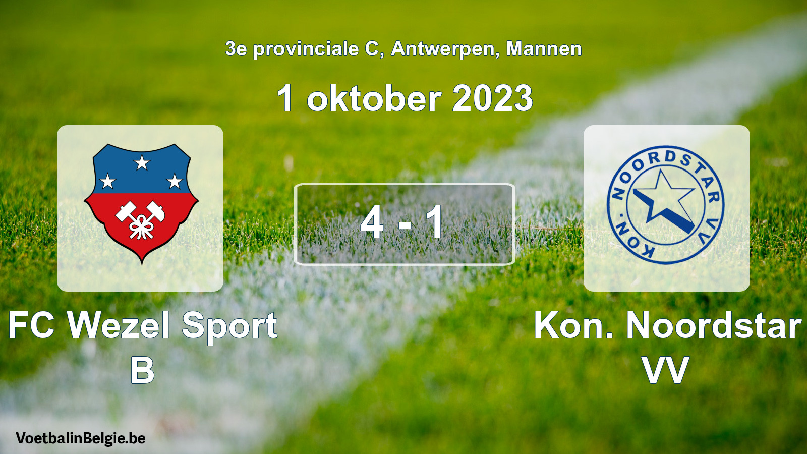 Gespeelde wedstrijd mannenvoetbal: FC Wezel Sport B - Kon. Noordstar VV 4 - 1 (1 oktober 2023)