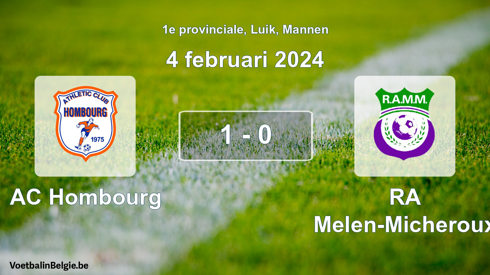 Gespeelde wedstrijd mannenvoetbal: AC Hombourg - RA Melen-Micheroux 1 - 0 (4 februari 2024)