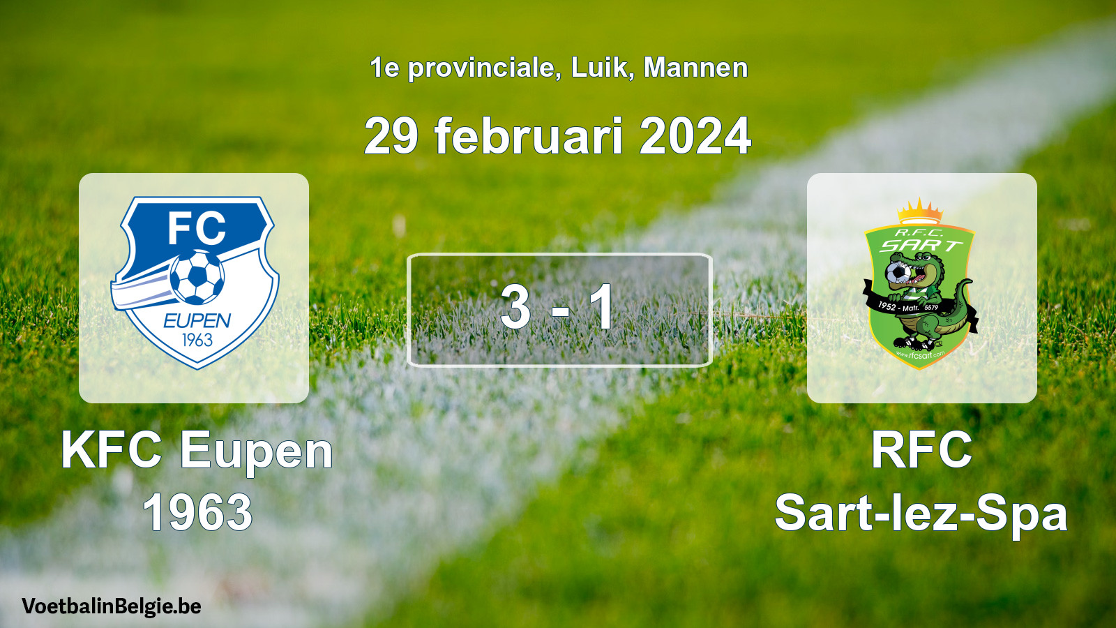 Gespeelde wedstrijd mannenvoetbal: KFC Eupen 1963 - RFC Sart-lez-Spa 3 - 1 (29 februari 2024)