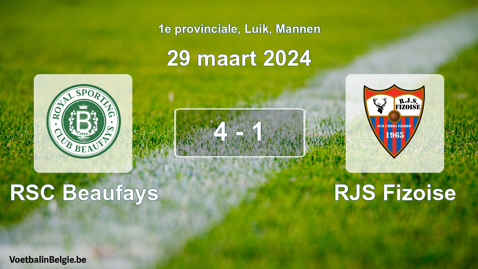 Gespeelde wedstrijd mannenvoetbal: RSC Beaufays - RJS Fizoise 4 - 1 (29 maart 2024)