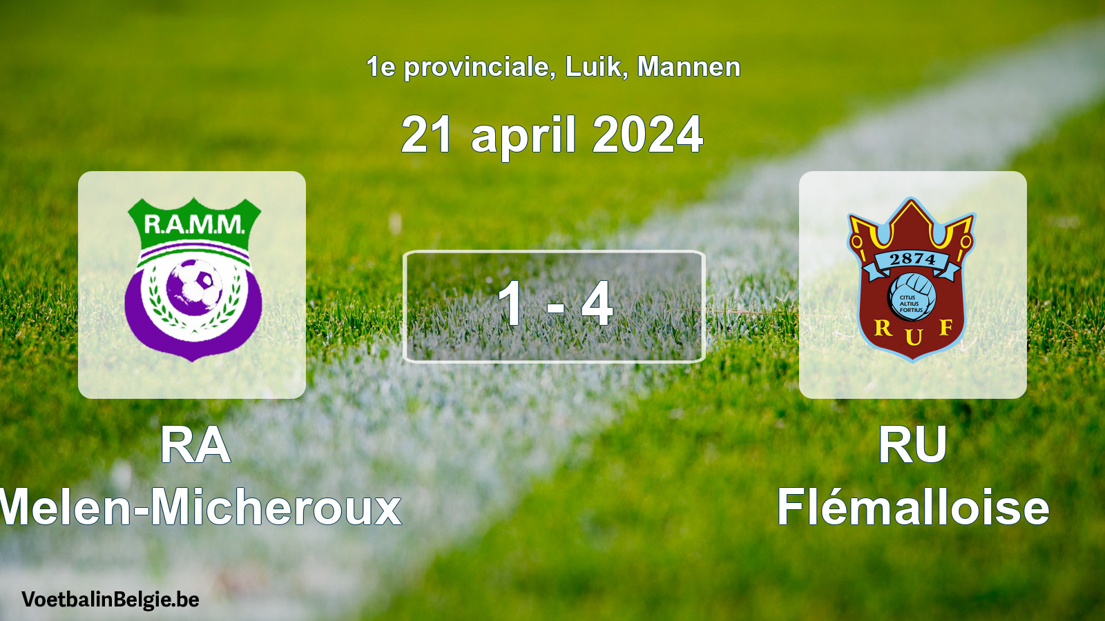 Gespeelde wedstrijd mannenvoetbal: RA Melen-Micheroux - RU Flémalloise 1 - 4 (21 april 2024)