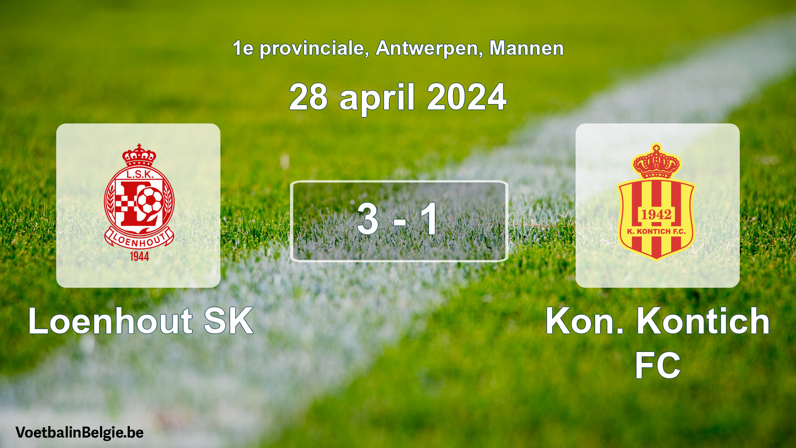 Gespeelde wedstrijd mannenvoetbal: Loenhout SK - Kon. Kontich FC 3 - 1 (28 april 2024)