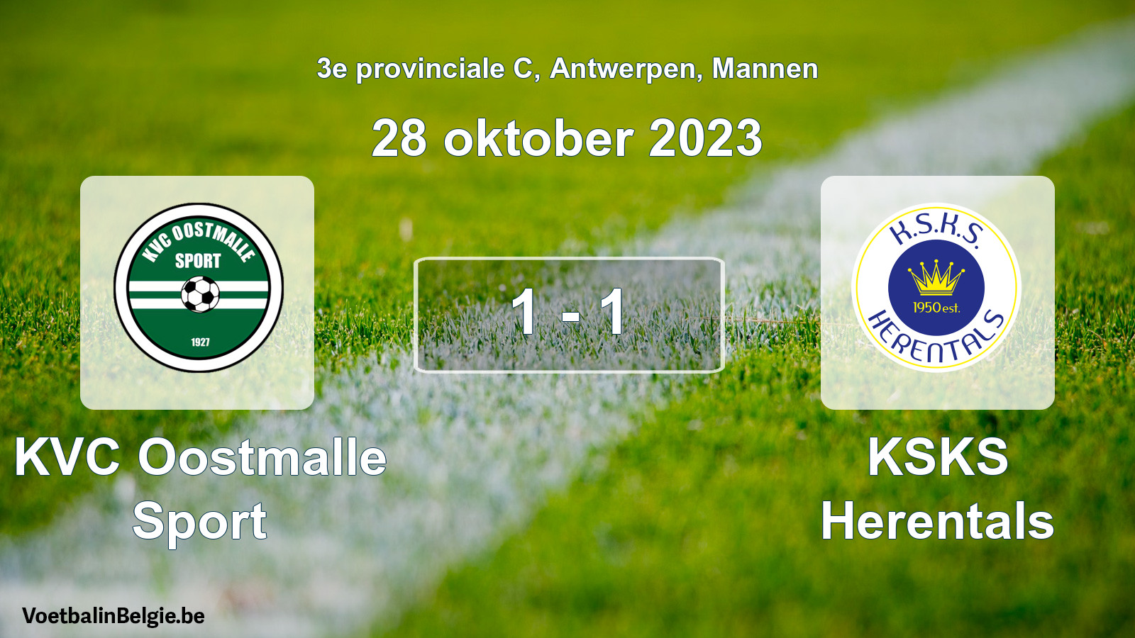 Gespeelde wedstrijd mannenvoetbal: KVC Oostmalle Sport - KSKS Herentals 1 - 1 (28 oktober 2023)