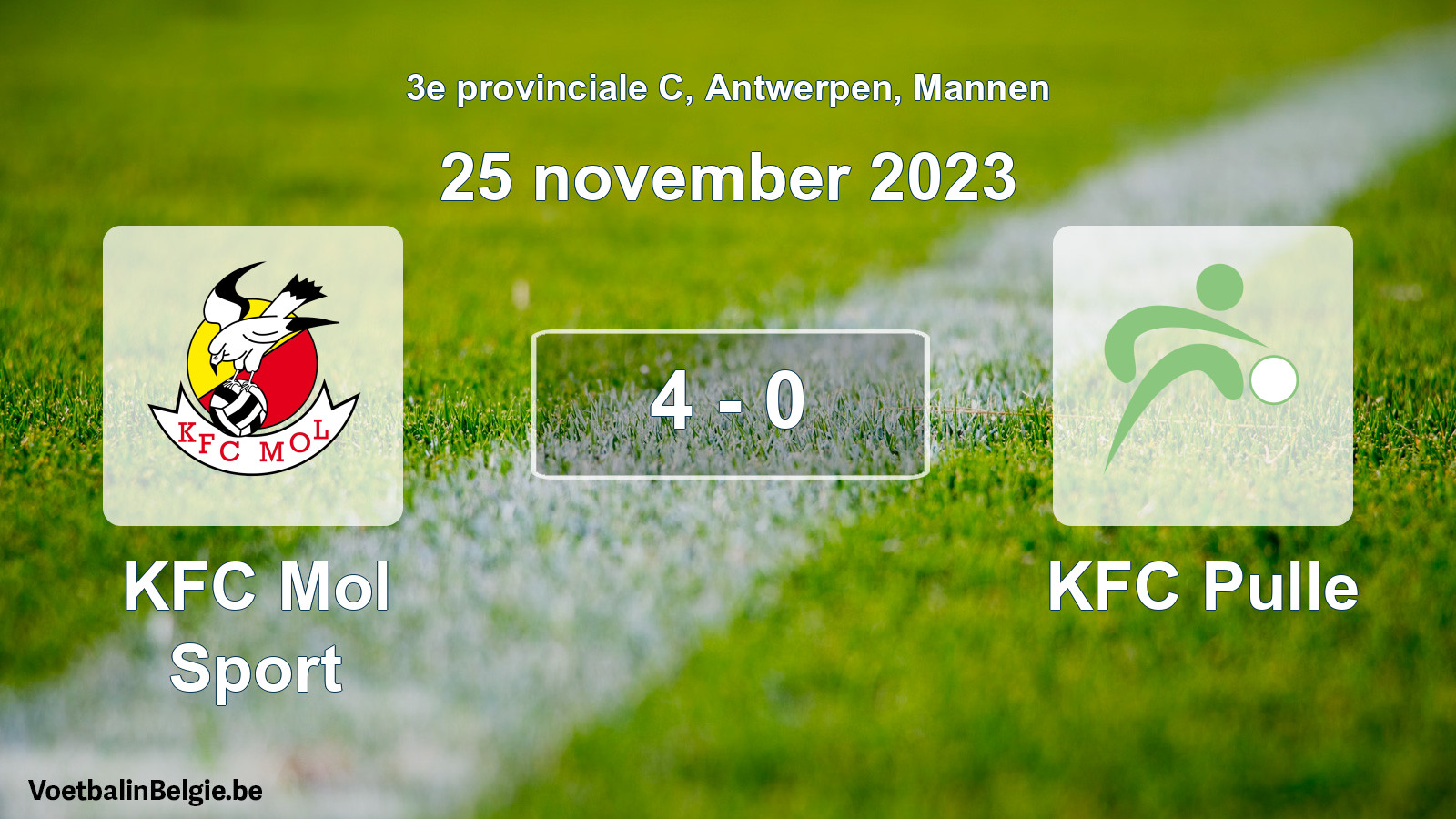 Gespeelde wedstrijd mannenvoetbal: KFC Mol Sport - KFC Pulle 4 - 0 (25 november 2023)