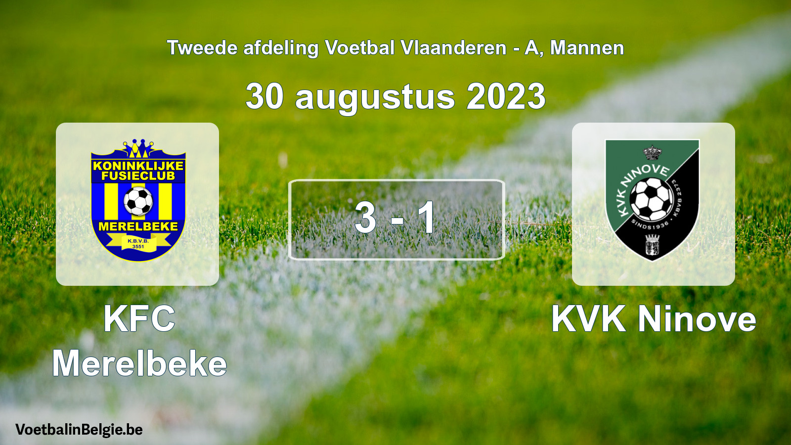 Gespeelde wedstrijd mannenvoetbal: KFC Merelbeke - KVK Ninove 3 - 1 (30 augustus 2023)
