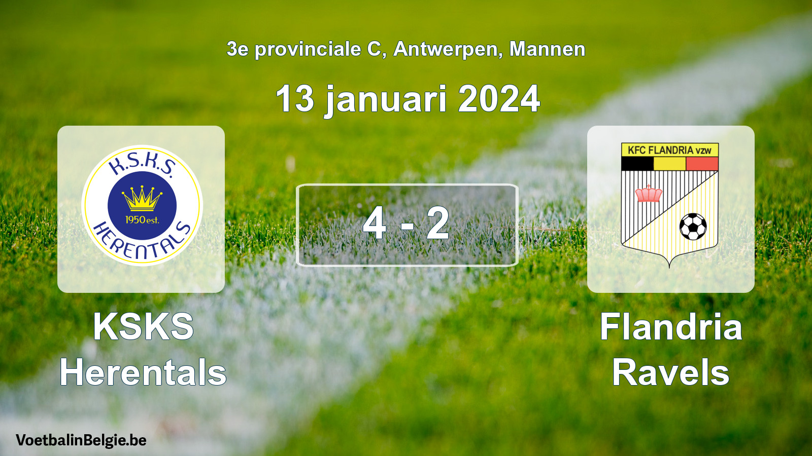 Gespeelde wedstrijd mannenvoetbal: KSKS Herentals - Flandria Ravels 4 - 2 (13 januari 2024)