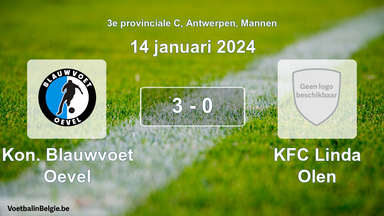 Gespeelde wedstrijd mannenvoetbal: Kon. Blauwvoet Oevel - KFC Linda Olen 3 - 0 (14 januari 2024)