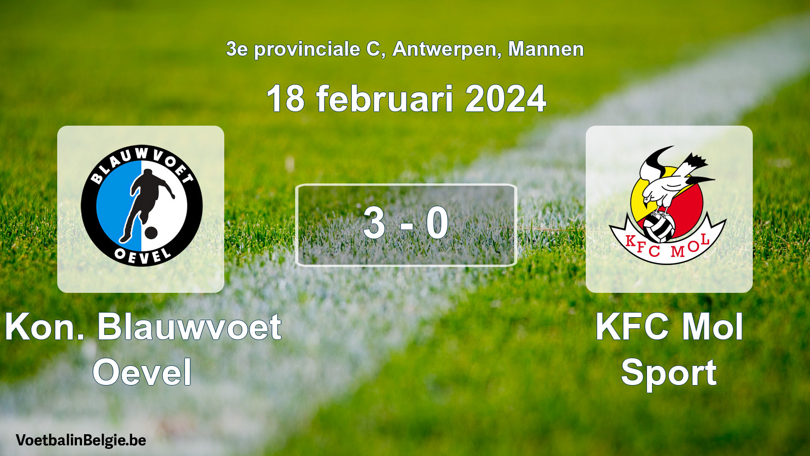 Gespeelde wedstrijd mannenvoetbal: Kon. Blauwvoet Oevel - KFC Mol Sport 3 - 0 (18 februari 2024)