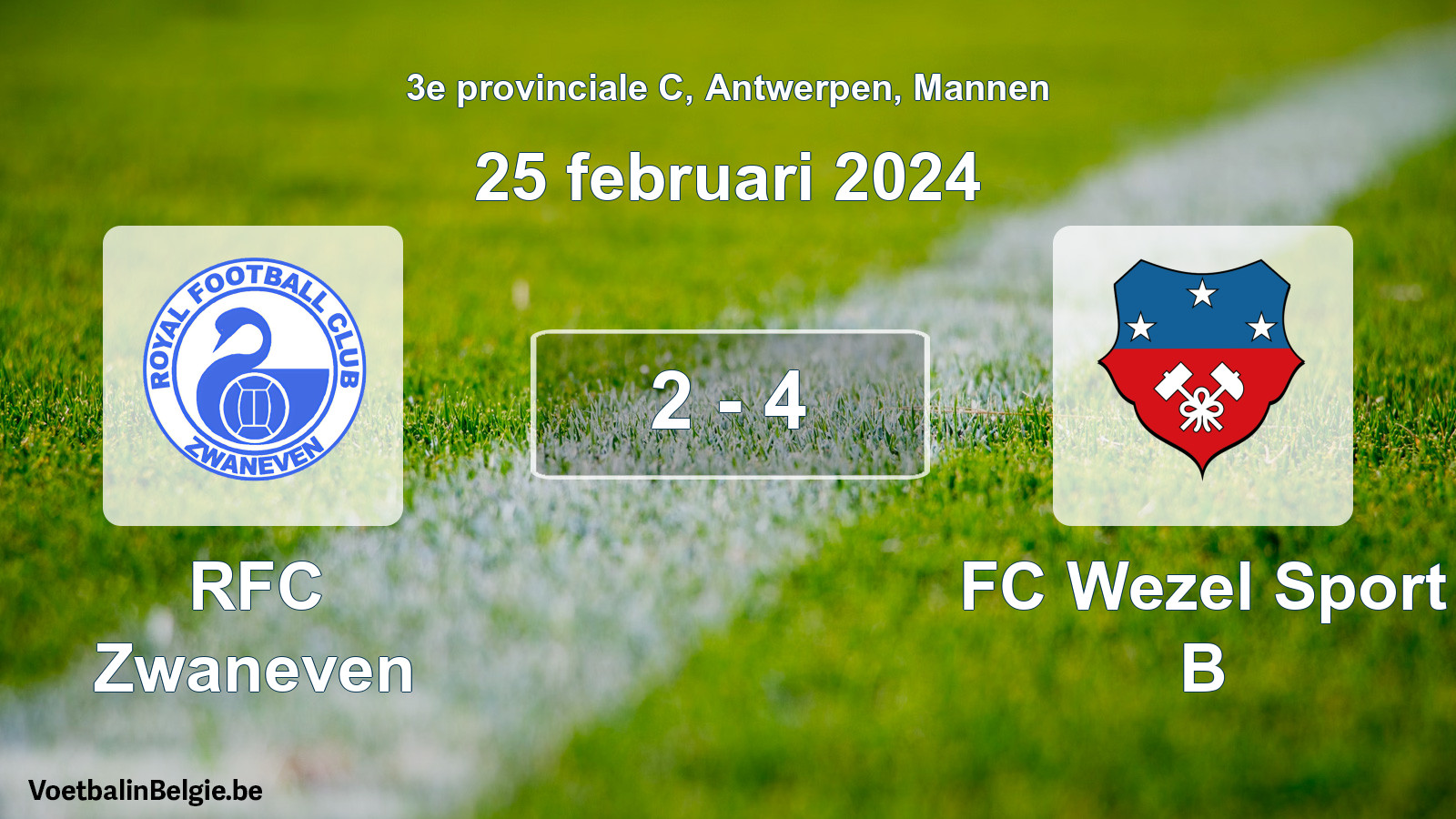 Gespeelde wedstrijd mannenvoetbal: RFC Zwaneven - FC Wezel Sport B 2 - 4 (25 februari 2024)