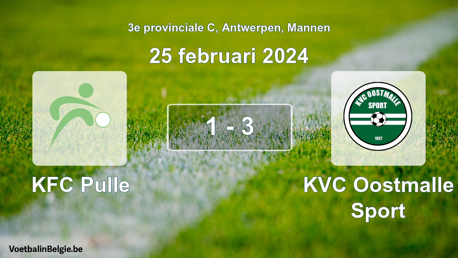 Gespeelde wedstrijd mannenvoetbal: KFC Pulle - KVC Oostmalle Sport 1 - 3 (25 februari 2024)