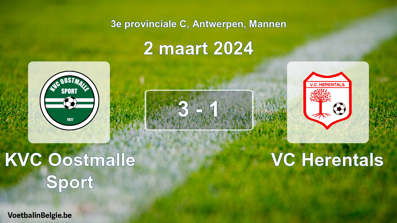 Gespeelde wedstrijd mannenvoetbal: KVC Oostmalle Sport - VC Herentals 3 - 1 (2 maart 2024)