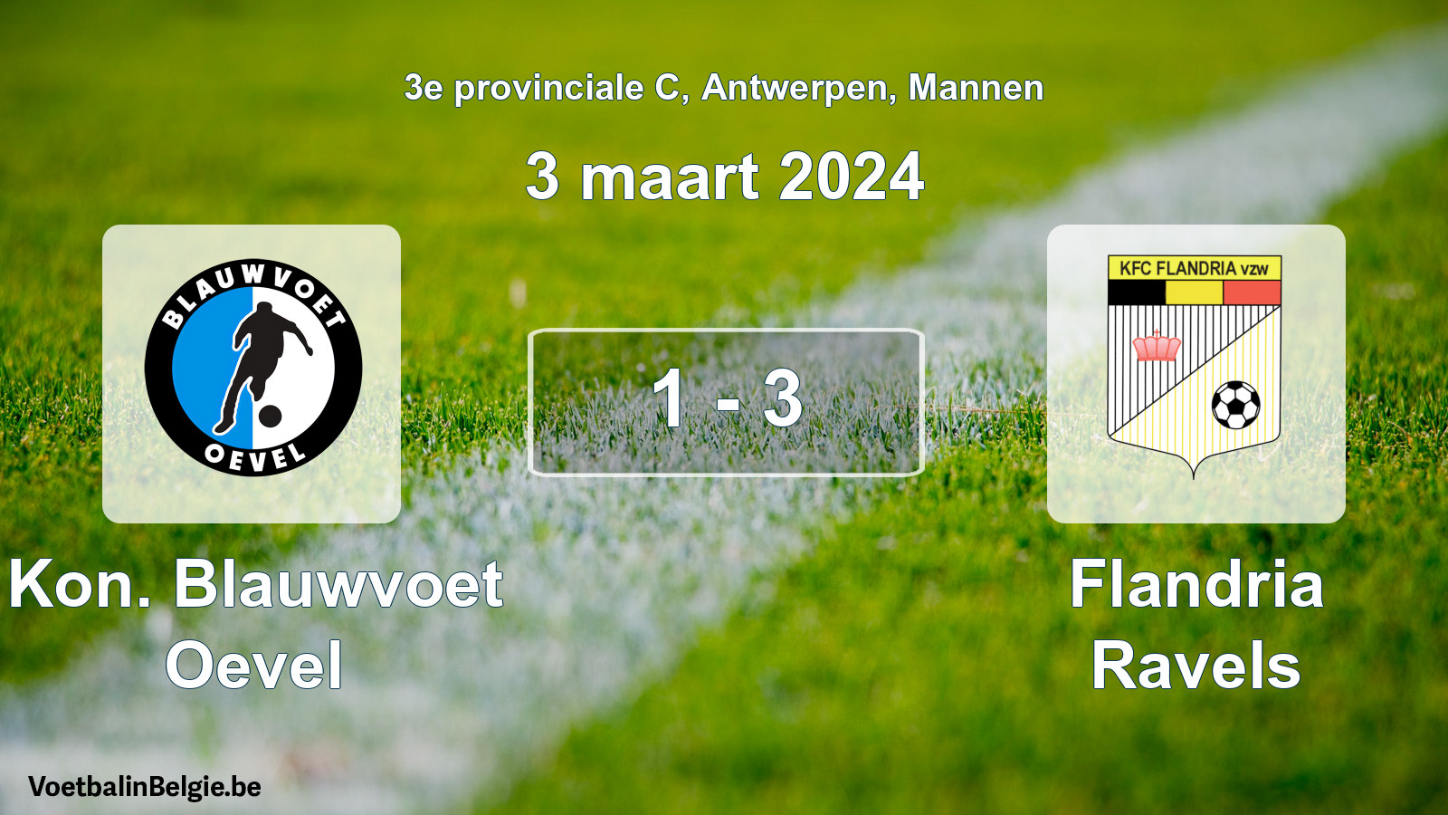 Gespeelde wedstrijd mannenvoetbal: Kon. Blauwvoet Oevel - Flandria Ravels 1 - 3 (3 maart 2024)