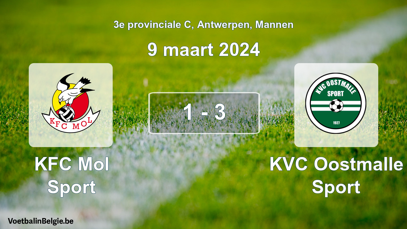 Gespeelde wedstrijd mannenvoetbal: KFC Mol Sport - KVC Oostmalle Sport 1 - 3 (9 maart 2024)